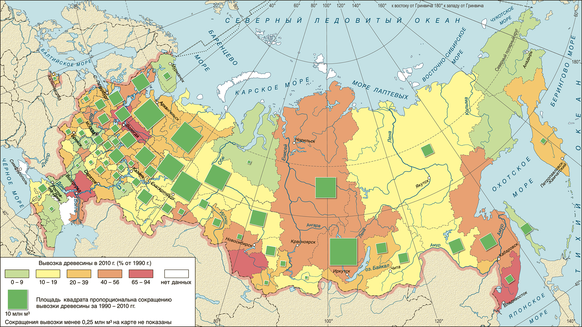  Динамика вывозки древесины в регионах России, 1990–2010 гг. 