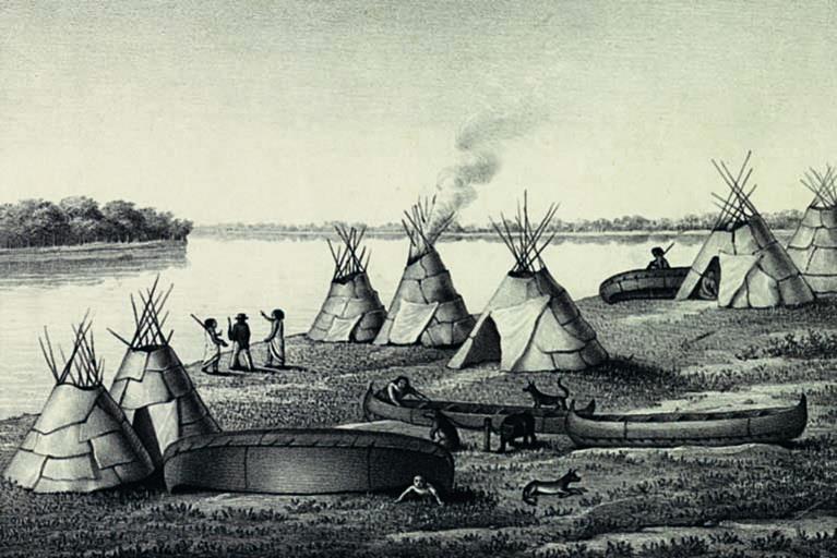 Индейское поселение (старинный рисунок)