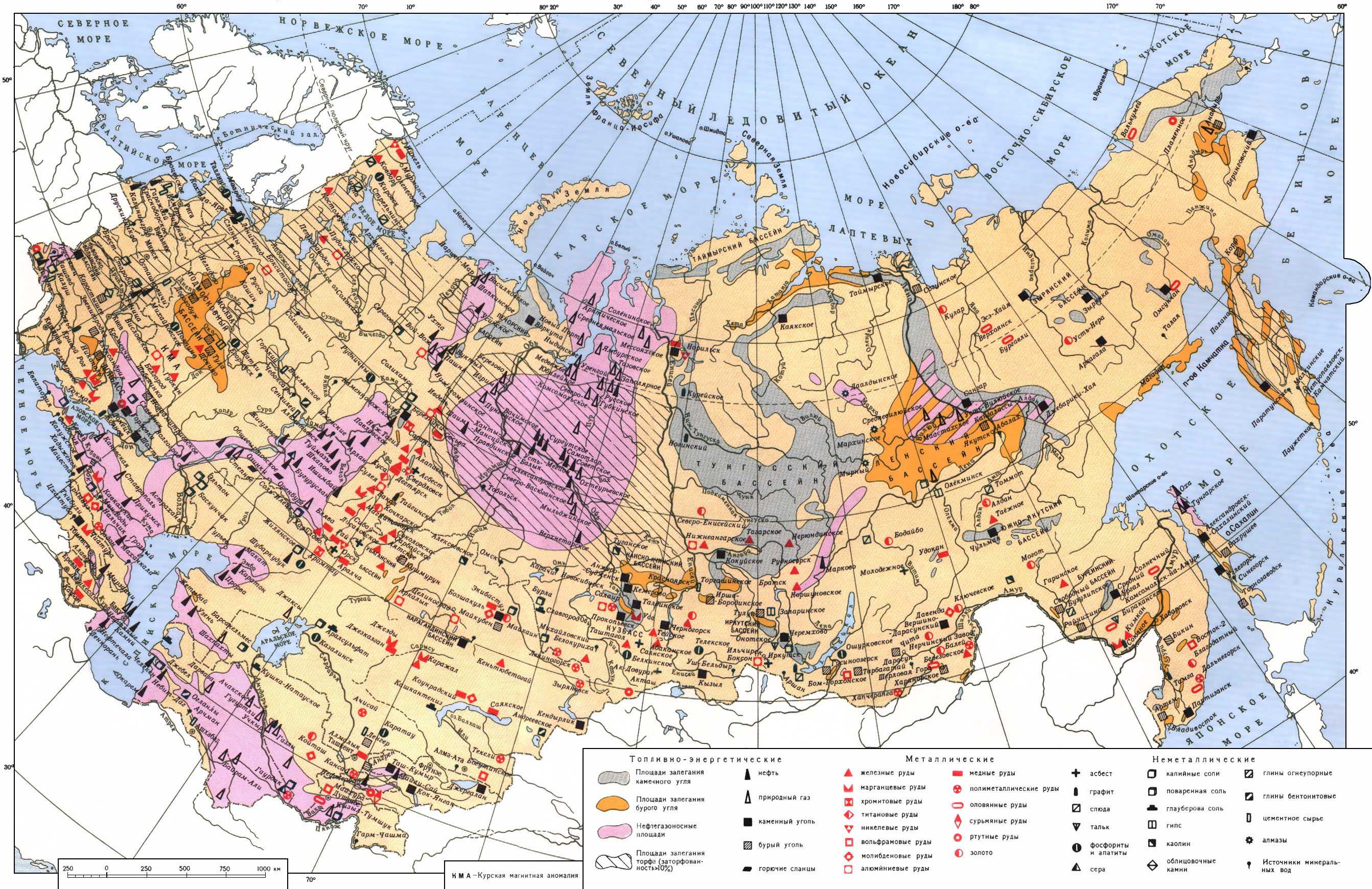 Полезные ископаемые России, месторождения, карта