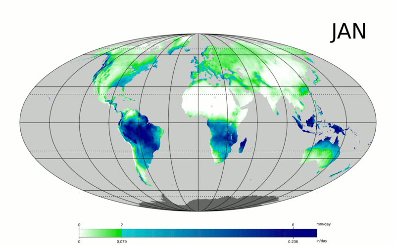 Распределение осадков по поверхности планеты в течение года