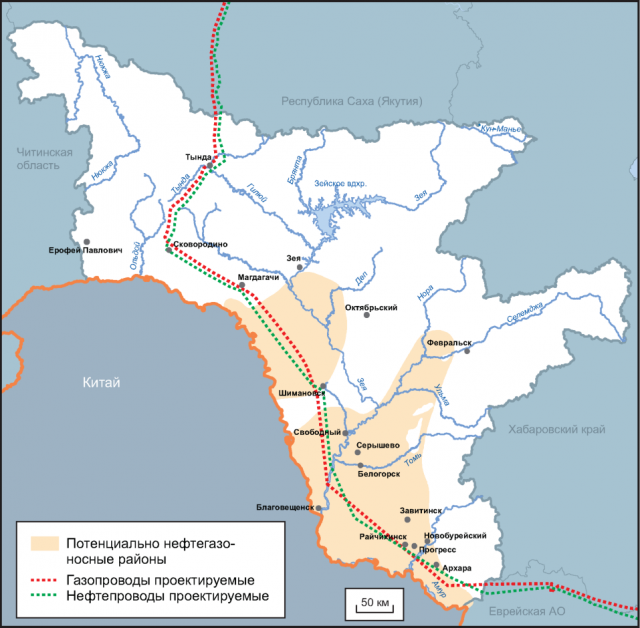 Потенциально нефтегазоносные районы и проектируемые трубопроводы в Амурской области