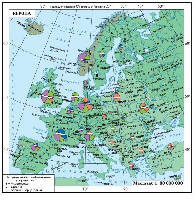 Карта баланс производства и потребления основных источников энергии в Европе
