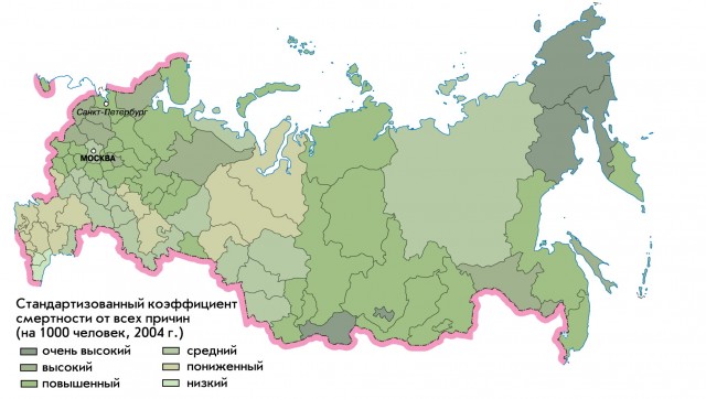 Карта смертность от всех причин в России мужчины