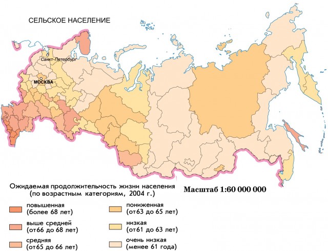 Карта ожидаемая продолжительность жизни в России (сельское население)