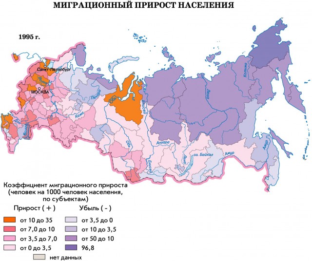 Карта миграционный прирост населения РФ 1995 г.