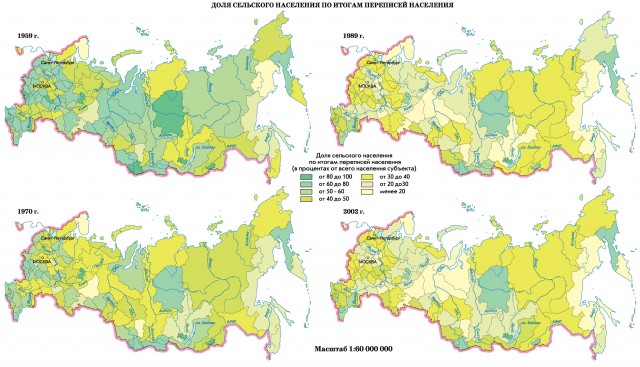 Карта доля сельского населения по итогам переписей населения