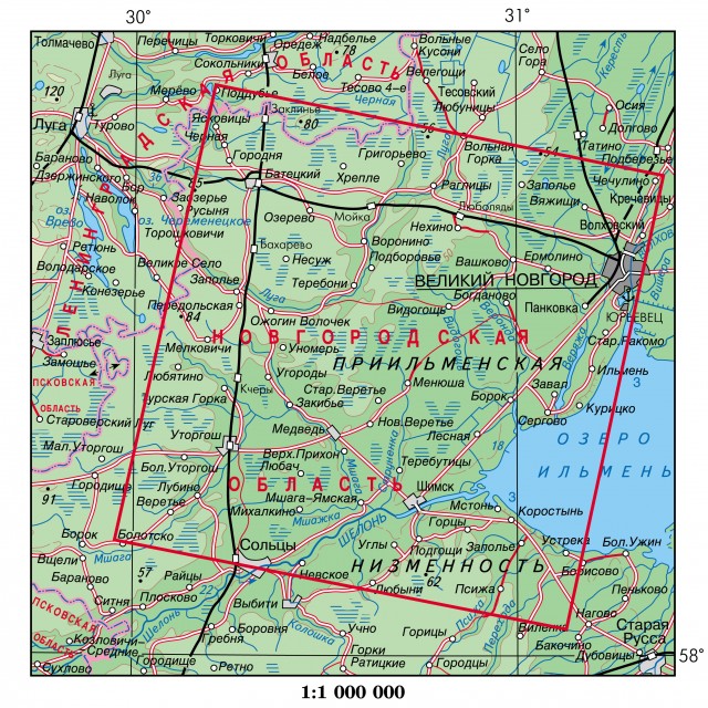 Карта Великий Новгород и окрестности. Озеро Ильмень.