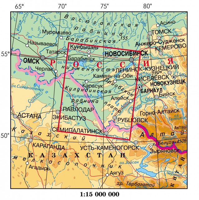 Карта Барабинская низменность. Кулундинская равнина. Приобское плато. 