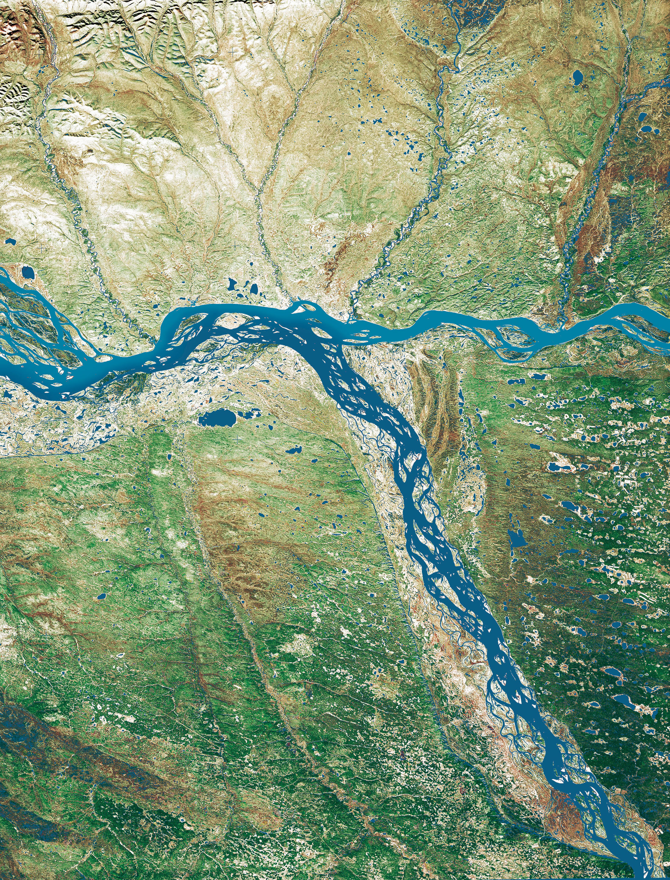 Карта Слияние Лены и Алдана. Фото из космоса.