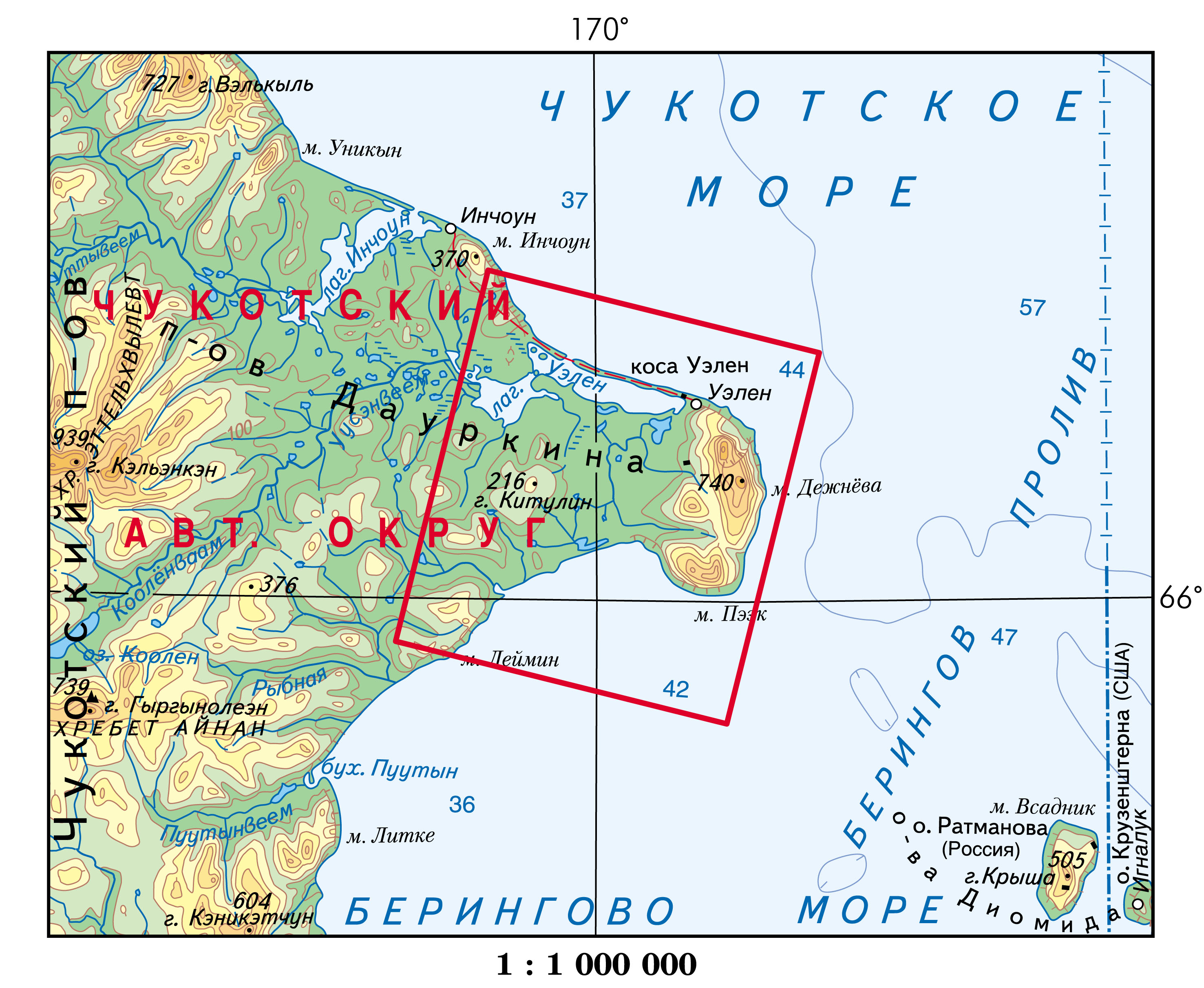 Карта Чукотский полуостров. Бухта Провидения. Фото из космоса.