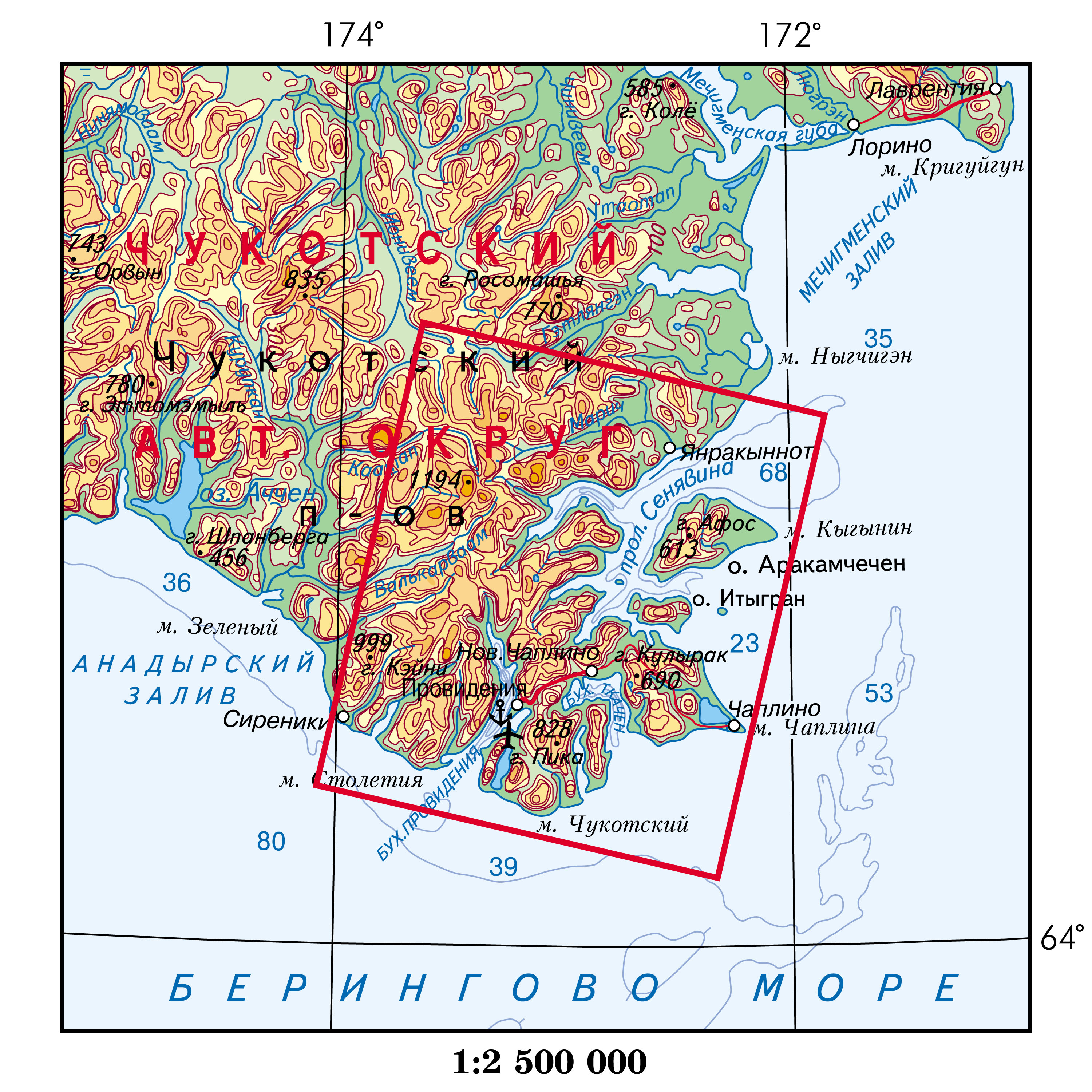 Карта Чукотский полуостров. Мыс Дежнева. Фото из космоса.