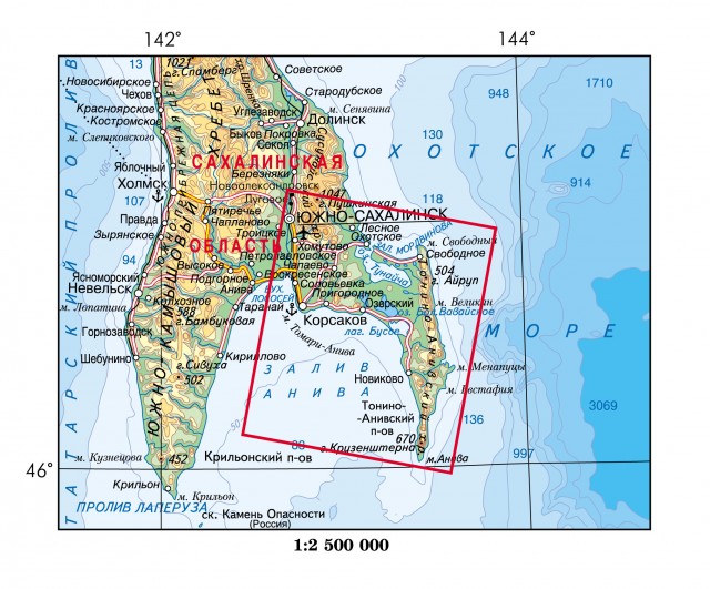 Карта Остров Сахалин. Тонино-Анивский полуостров