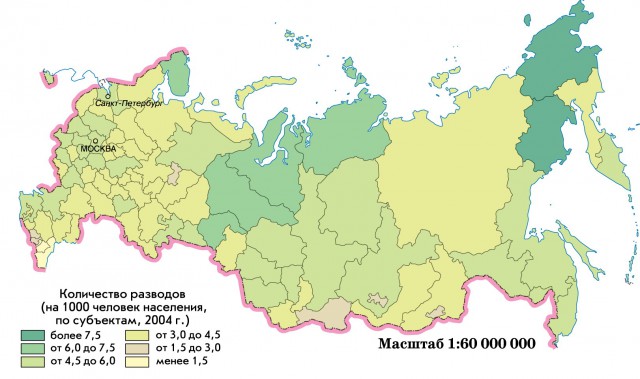 Карта количество разводов в России