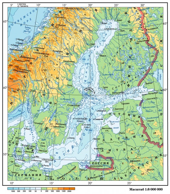 Физическая карта Балтийского моря