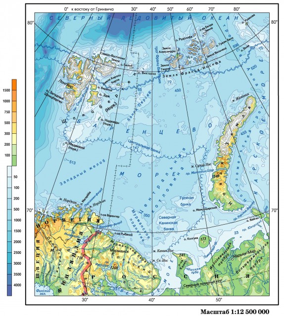 Физическая карта Баренцева моря