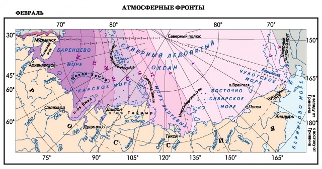 Атмосферные фронты морей российского сектора Арктики (февраль)