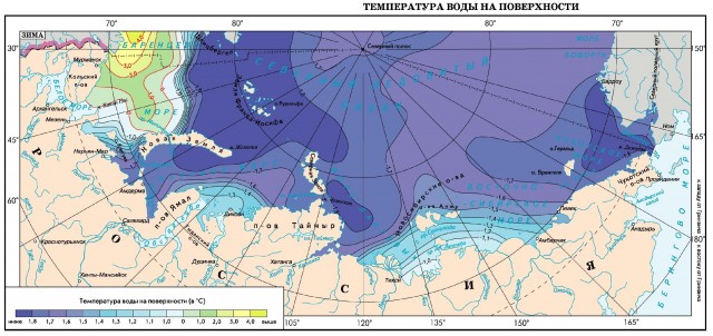 Температура воды на поверхности морей российского сектора Арктики (зима)