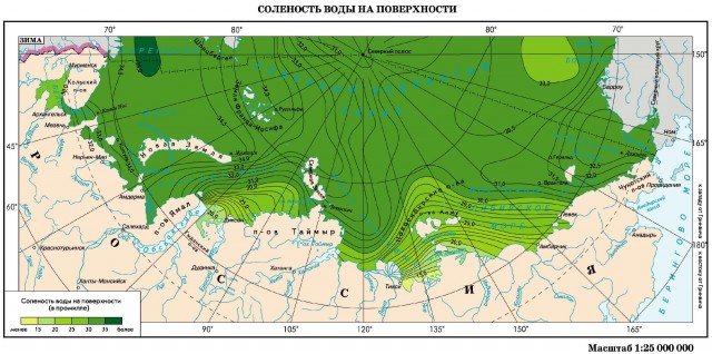 Соленость воды на поверхности морей российского сектора Арктики (зима)