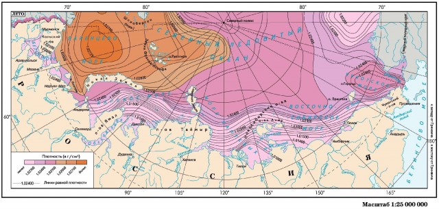 Плотность воды на поверхности морей российского сектора Арктики (лето)