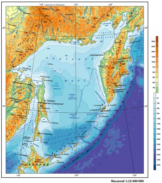 Физическая карта Охотского моря