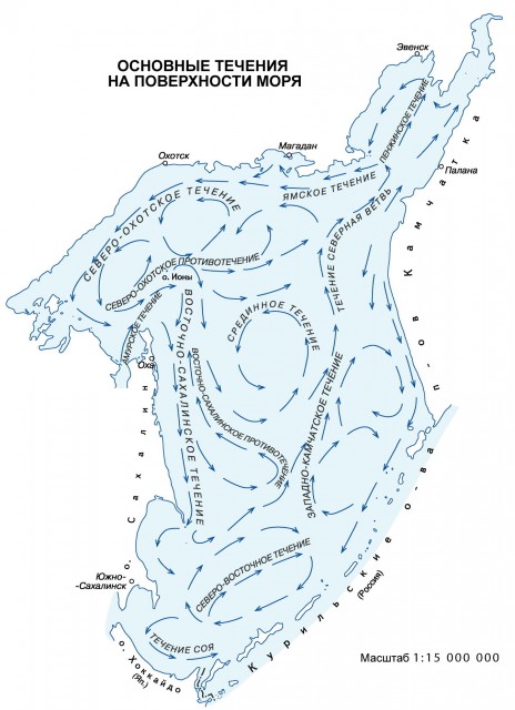 Основные течения на поверхности Охотского моря