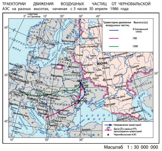 Траектории движения воздушных частиц от чернобыльской АЭС на разных высотах, начиная с 3 часов 30 апреля 1986 года