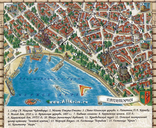 Рисованная карта центра Евпатории с указанием объектов инфраструктуры и достопримечательностей