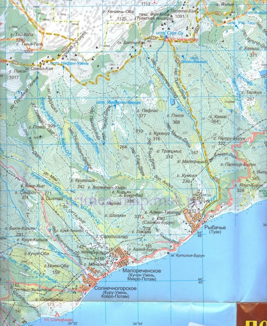 Топографическая карта района Малореченского, Рыбачьего, Солнечногорского
