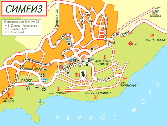 Карта-схема Симеиза с указанием объектов туристической инфраструктуры