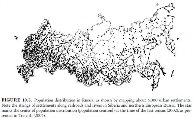 Population distribution in Russia, as shown by mapping about 5,000 urban settlements