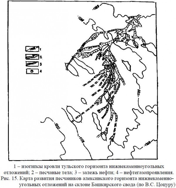 Карта развития песчаников алексинского горизонта нижнекаменно- угольных отложений на склоне Башкирского свода (по B.C. Цоцуру)